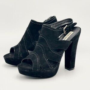 Steve Madden Suede Leather Cutout Platform Heels Black Peep Toe Chunky Slingback